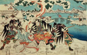 A „Csusingura” (a negyvenhét ronin története – mester nélküli szamuráj); egy jelenet a II. felvonásból, amikor a roninok megtámadják Moronao kastélyát, kocsmáját. 1854 körül, (színes fatömbnyomat)